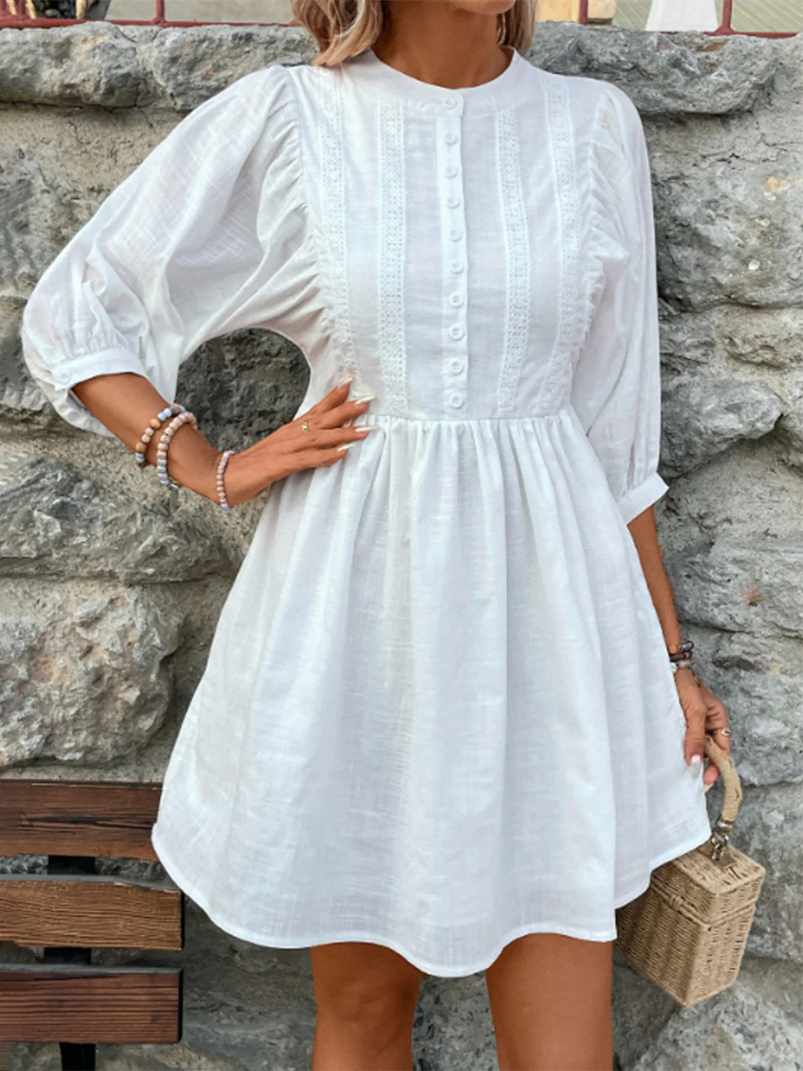 Lace Detail Half Button Three-Quarter Sleeve Dress - Image 6
