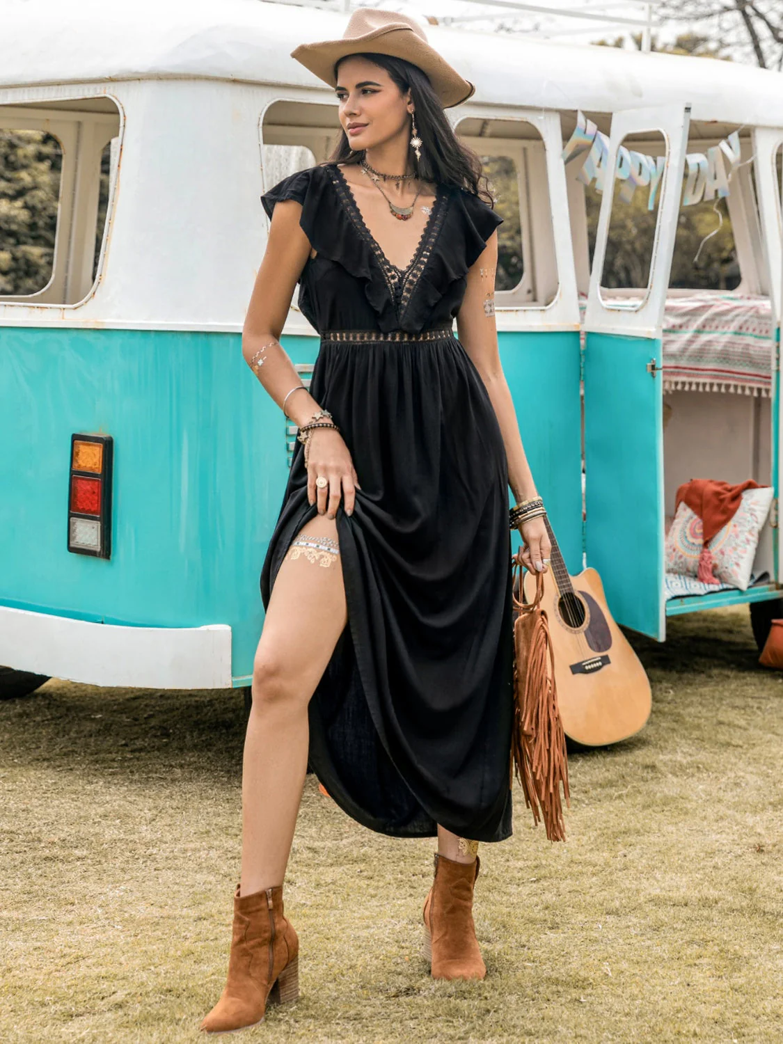 Lace Detail Plunge Cap Sleeve Midi Dress - Image 3