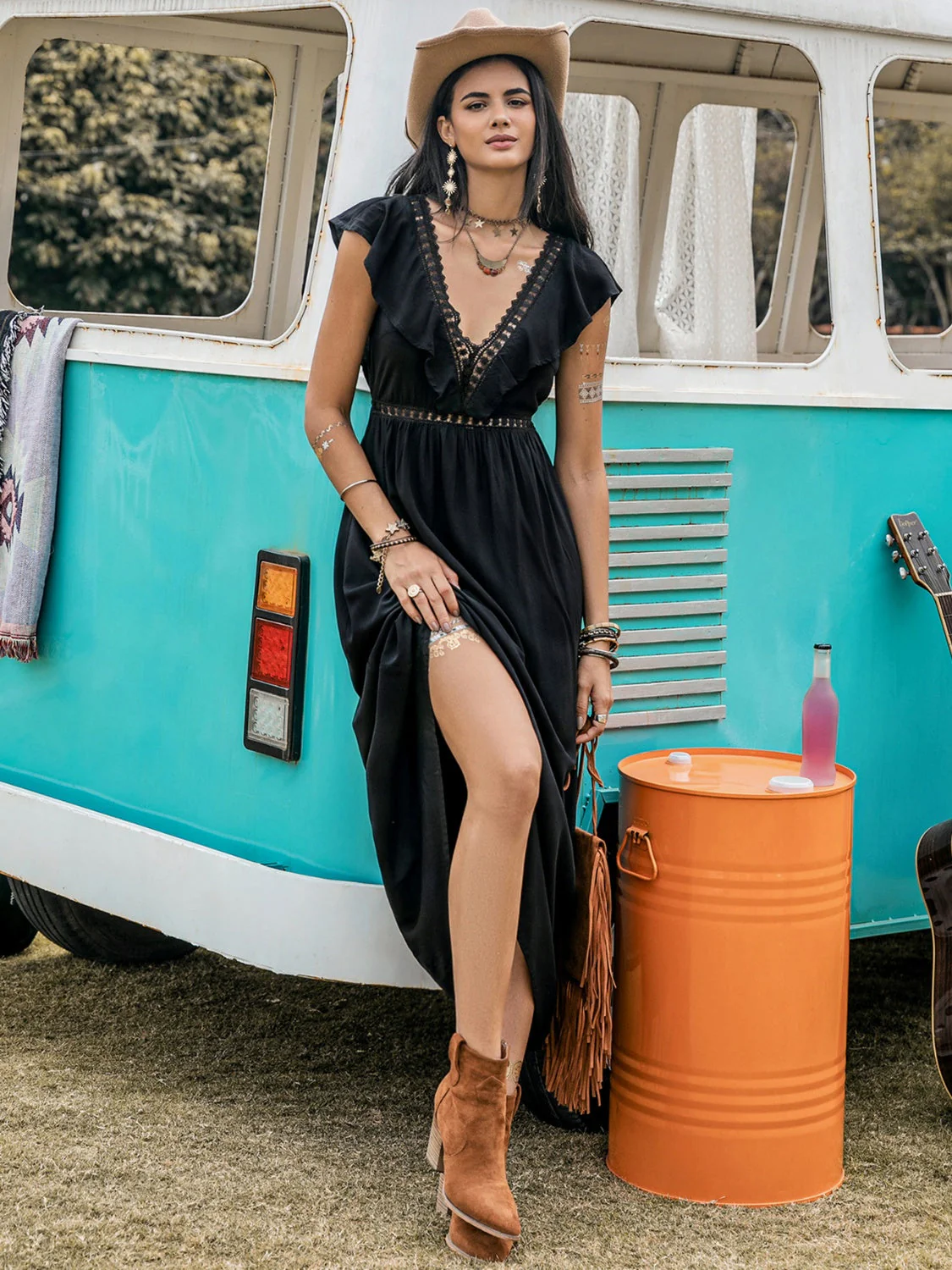 Lace Detail Plunge Cap Sleeve Midi Dress - Image 6
