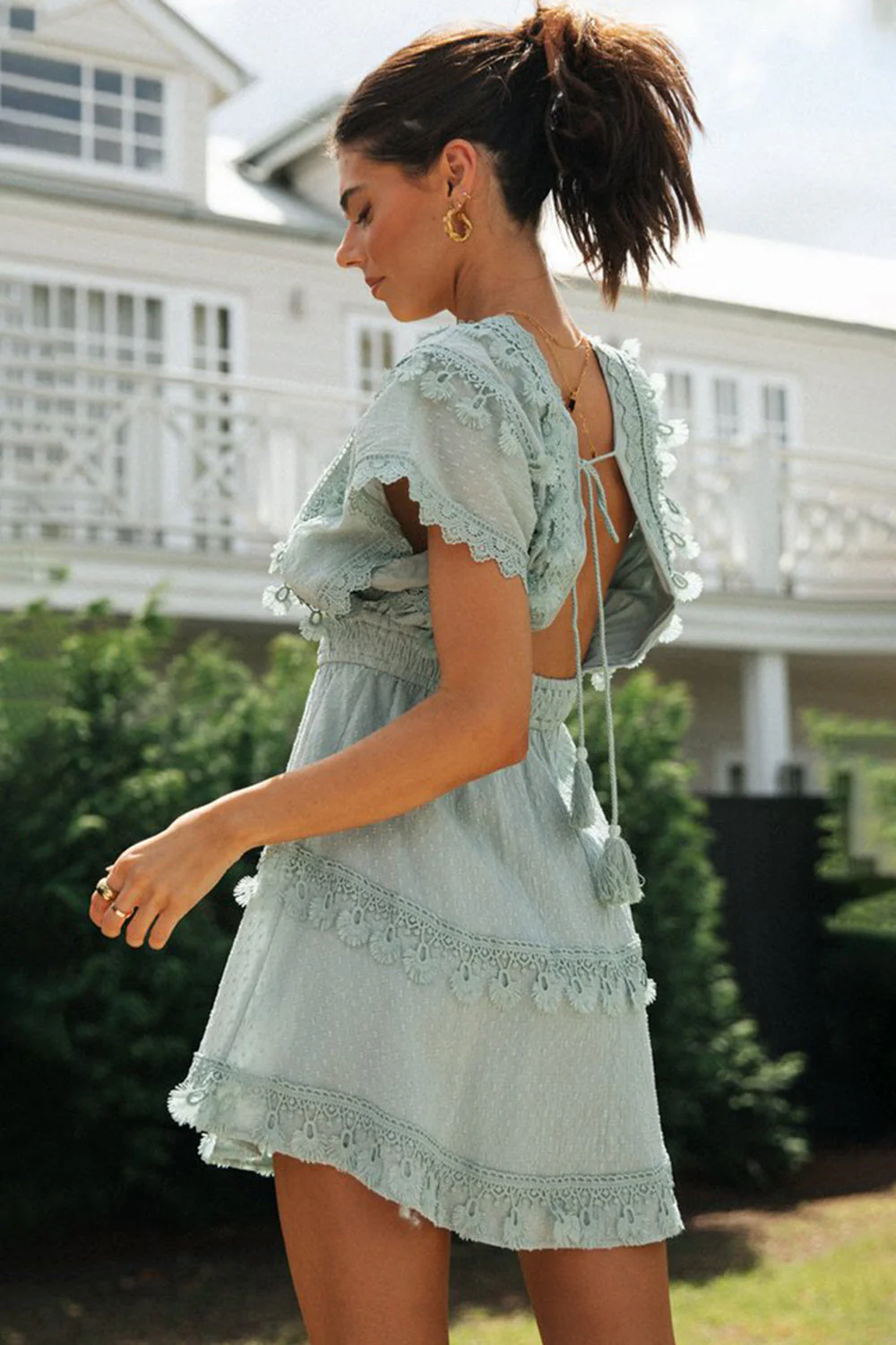 Lace Detail Plunge Short Sleeve Mini Dress - Image 5