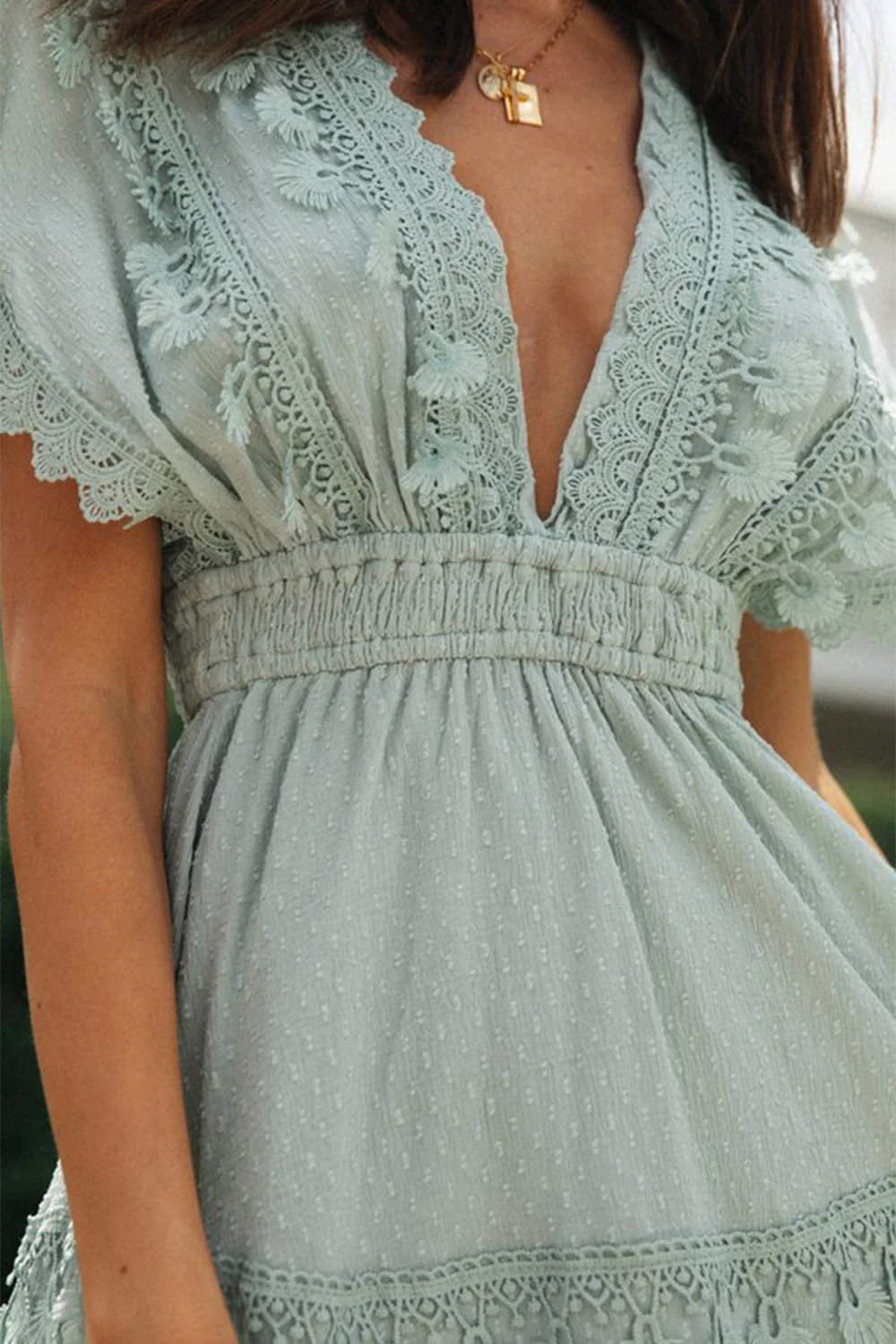 Lace Detail Plunge Short Sleeve Mini Dress - Image 7