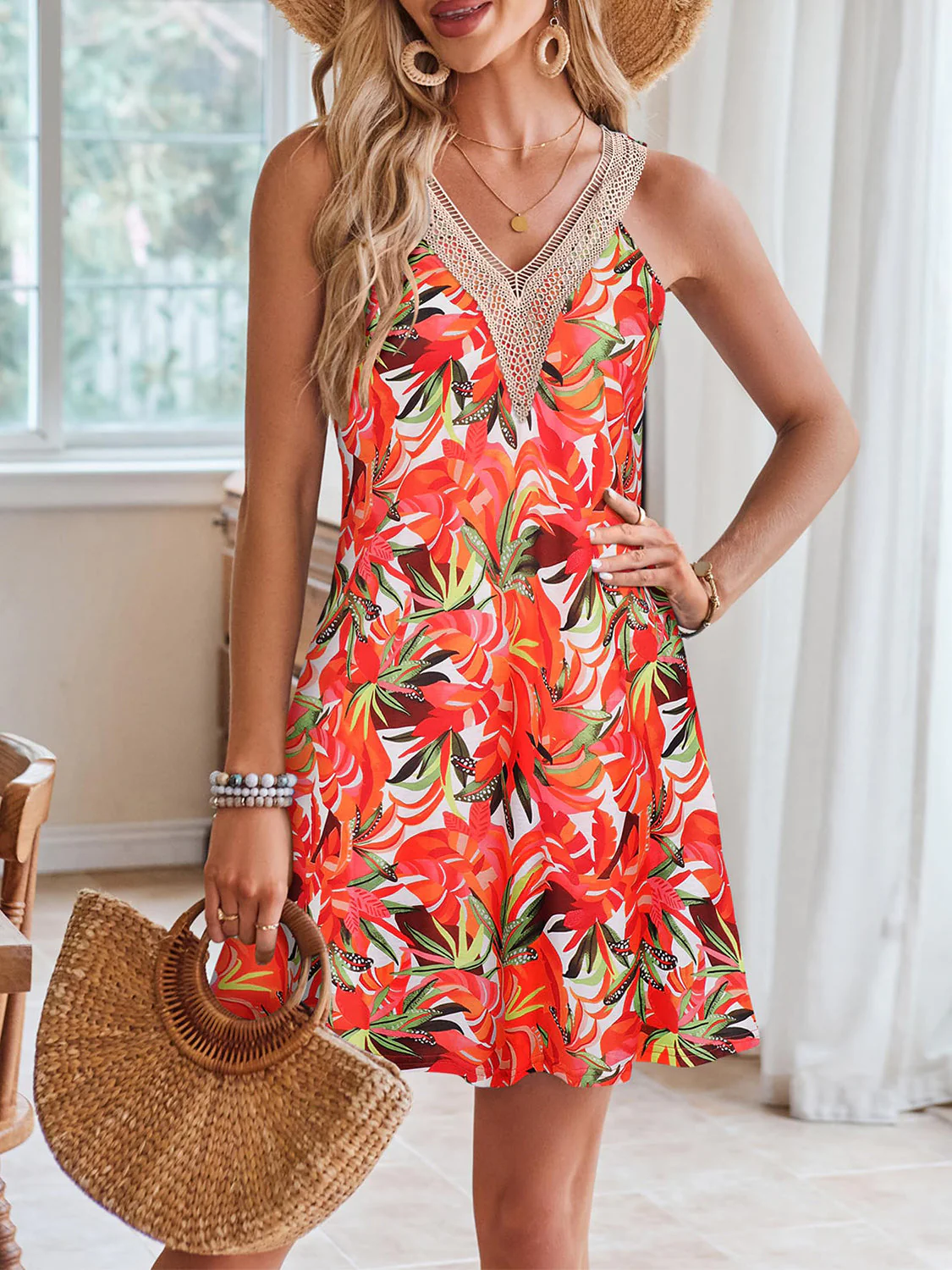 Lace Detail Printed V-Neck Sleeveless Dress - Image 11