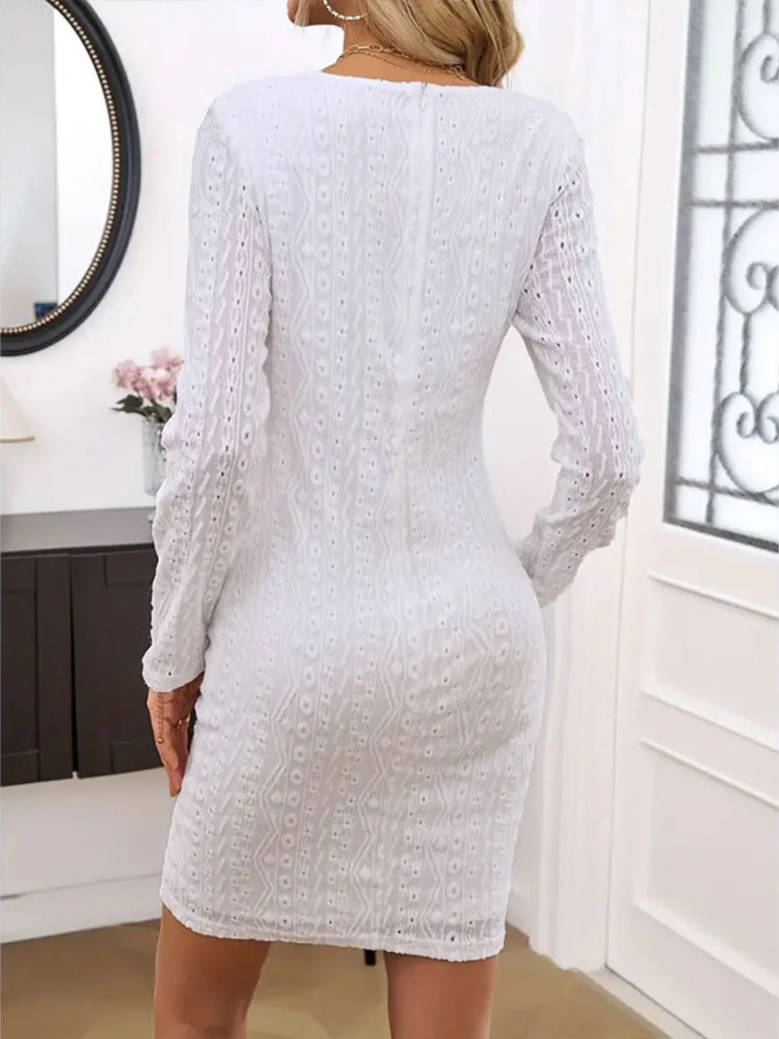 Lace Detail Round Neck Long Sleeve Mini Dress - Image 2