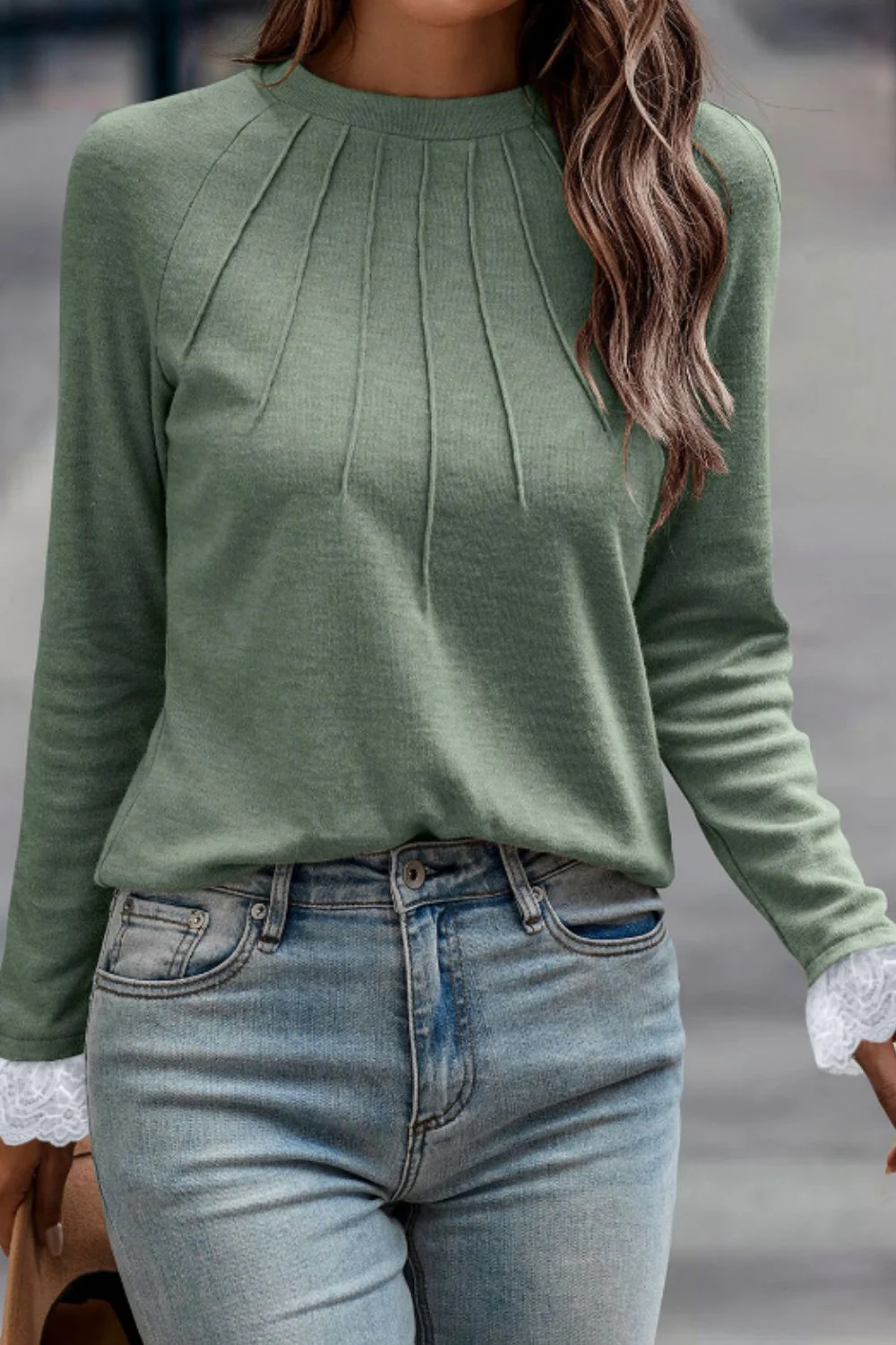 Lace Detail Round Neck Long Sleeve T-Shirt - Image 2