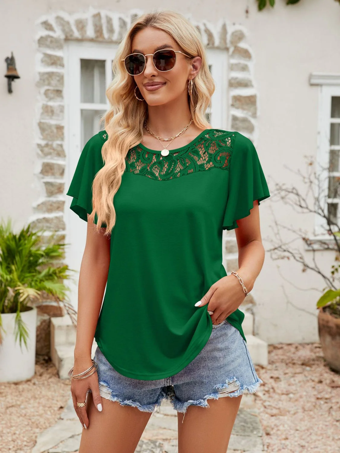 Lace Detail Round Neck Short Sleeve T-Shirt - Image 13