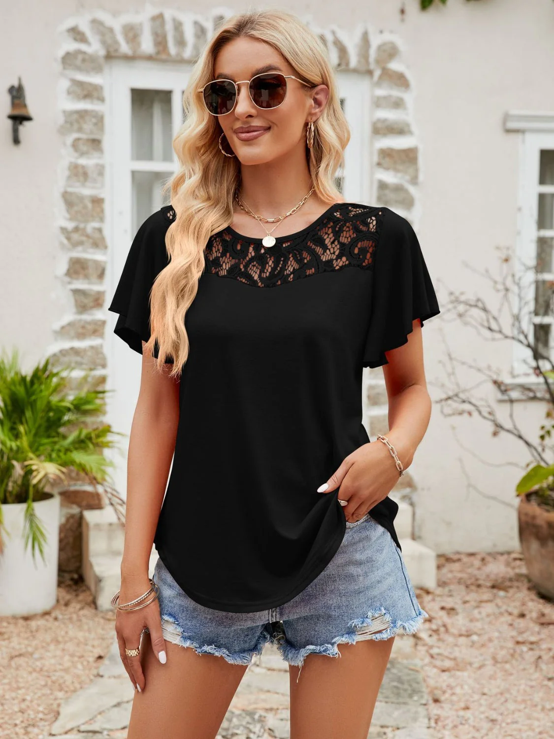 Lace Detail Round Neck Short Sleeve T-Shirt - Image 4