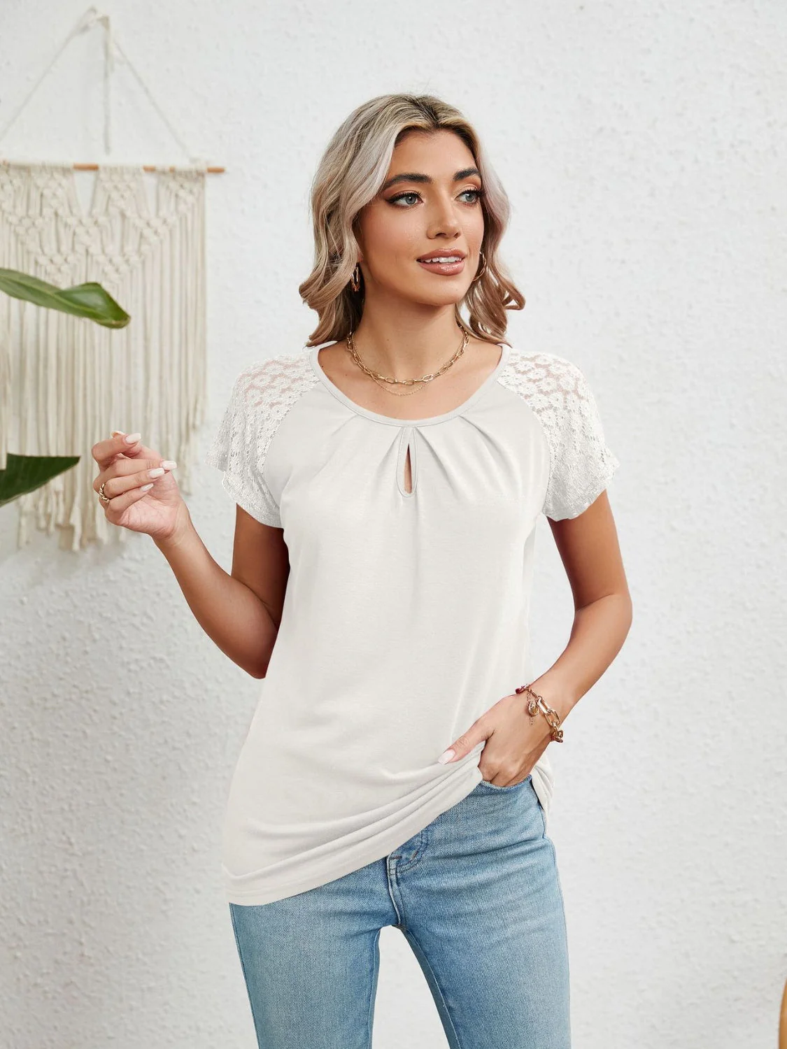 Lace Detail Round Neck Short Sleeve T-Shirt - Image 11