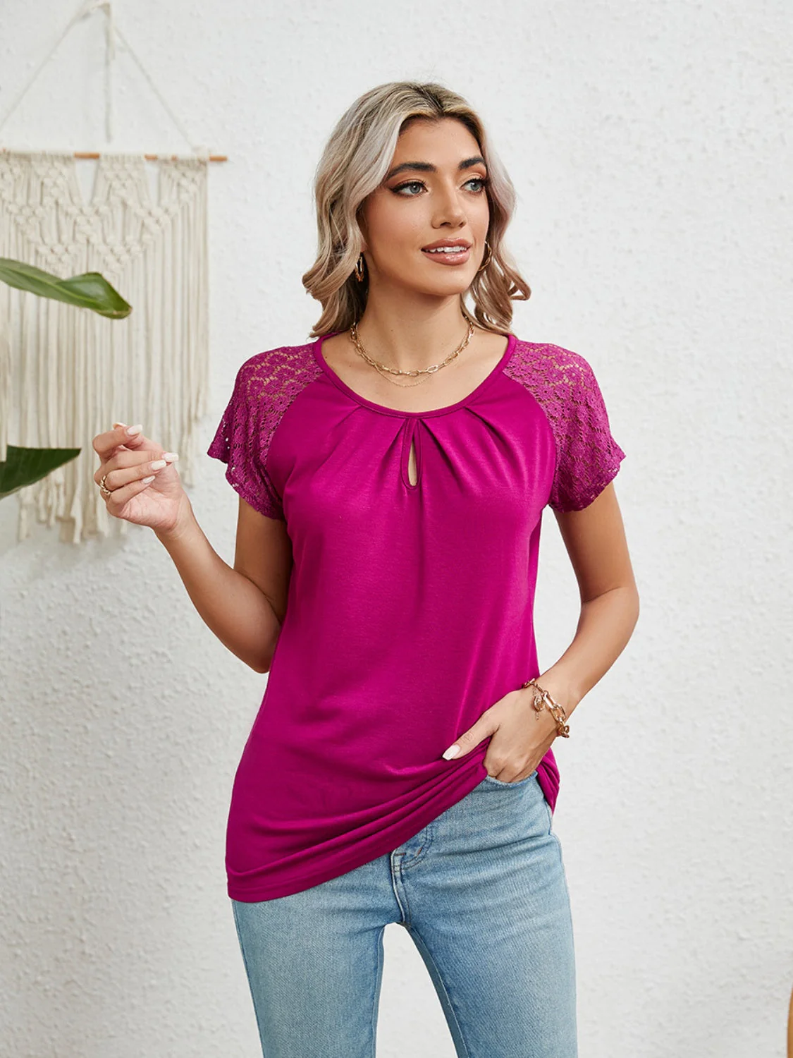 Lace Detail Round Neck Short Sleeve T-Shirt - Image 16
