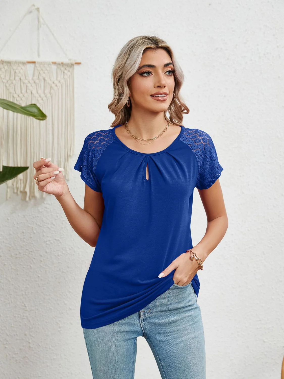 Lace Detail Round Neck Short Sleeve T-Shirt - Image 3