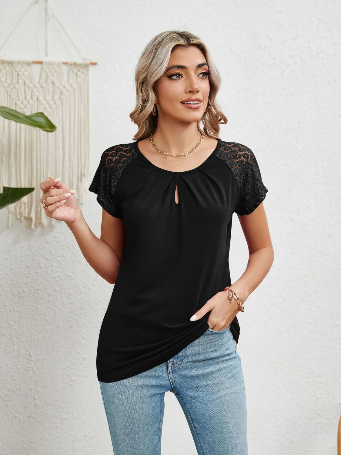 Lace Detail Round Neck Short Sleeve T-Shirt - Image 6