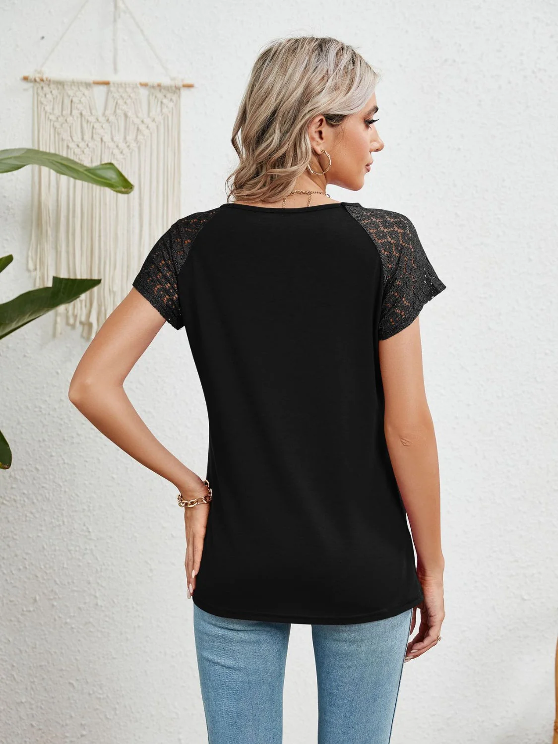 Lace Detail Round Neck Short Sleeve T-Shirt - Image 8