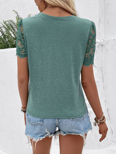 Lace Detail Short Sleeve Round Neck T-Shirt - Image 2