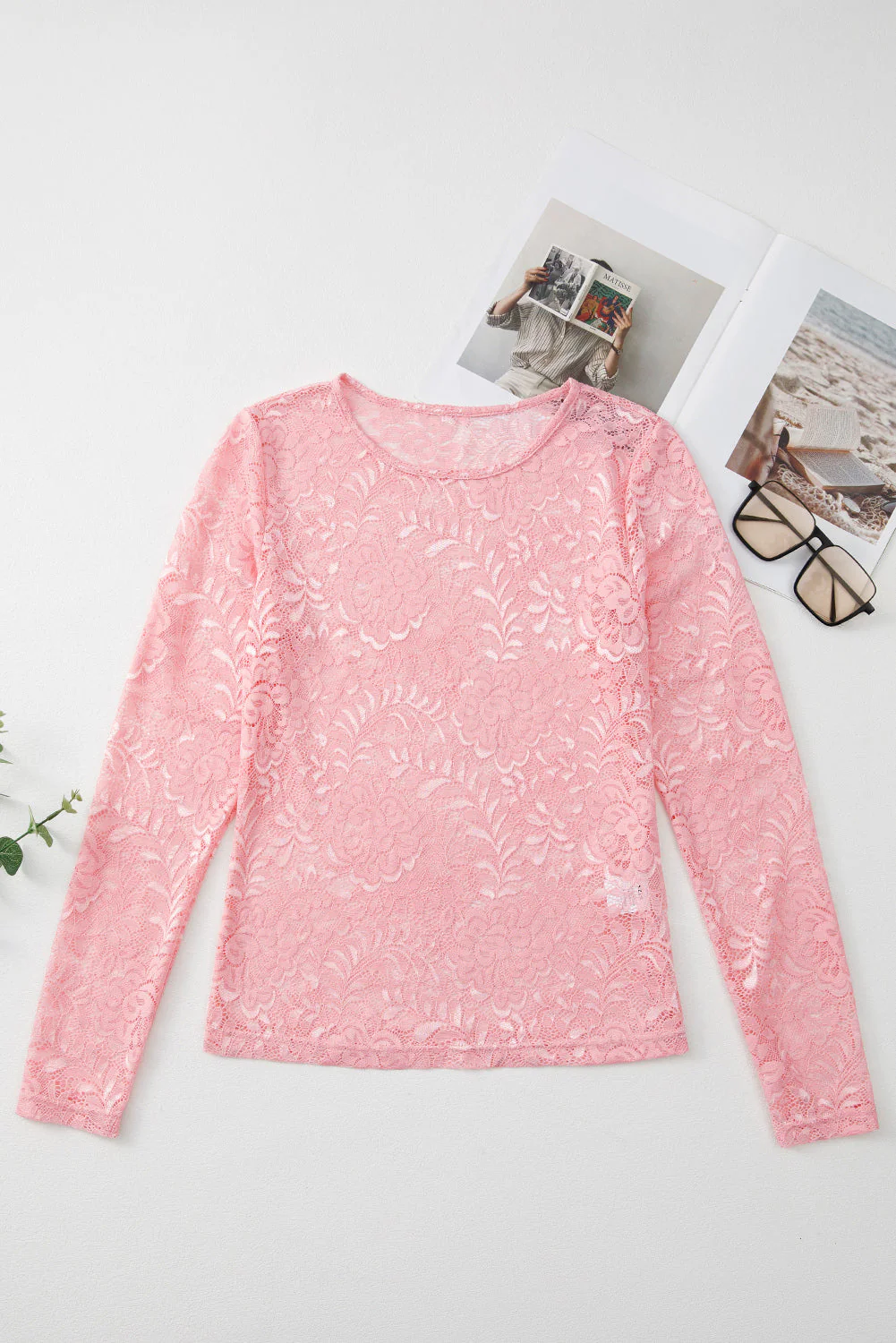Lace Flower Round Neck Long Sleeve Top - Image 3