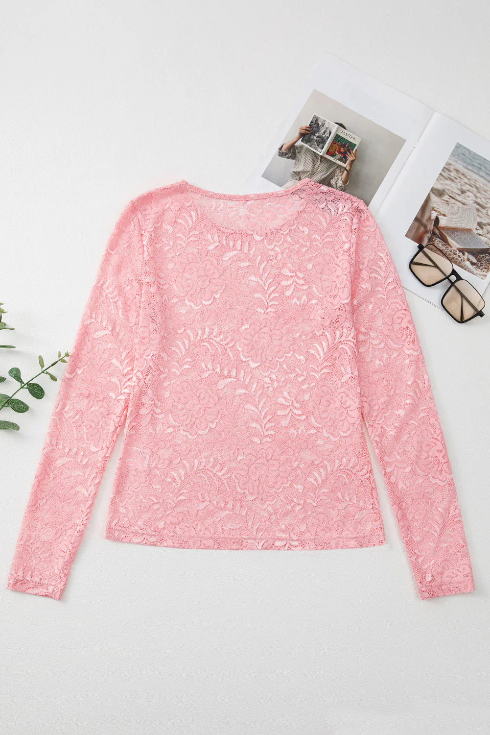 Lace Flower Round Neck Long Sleeve Top - Image 4