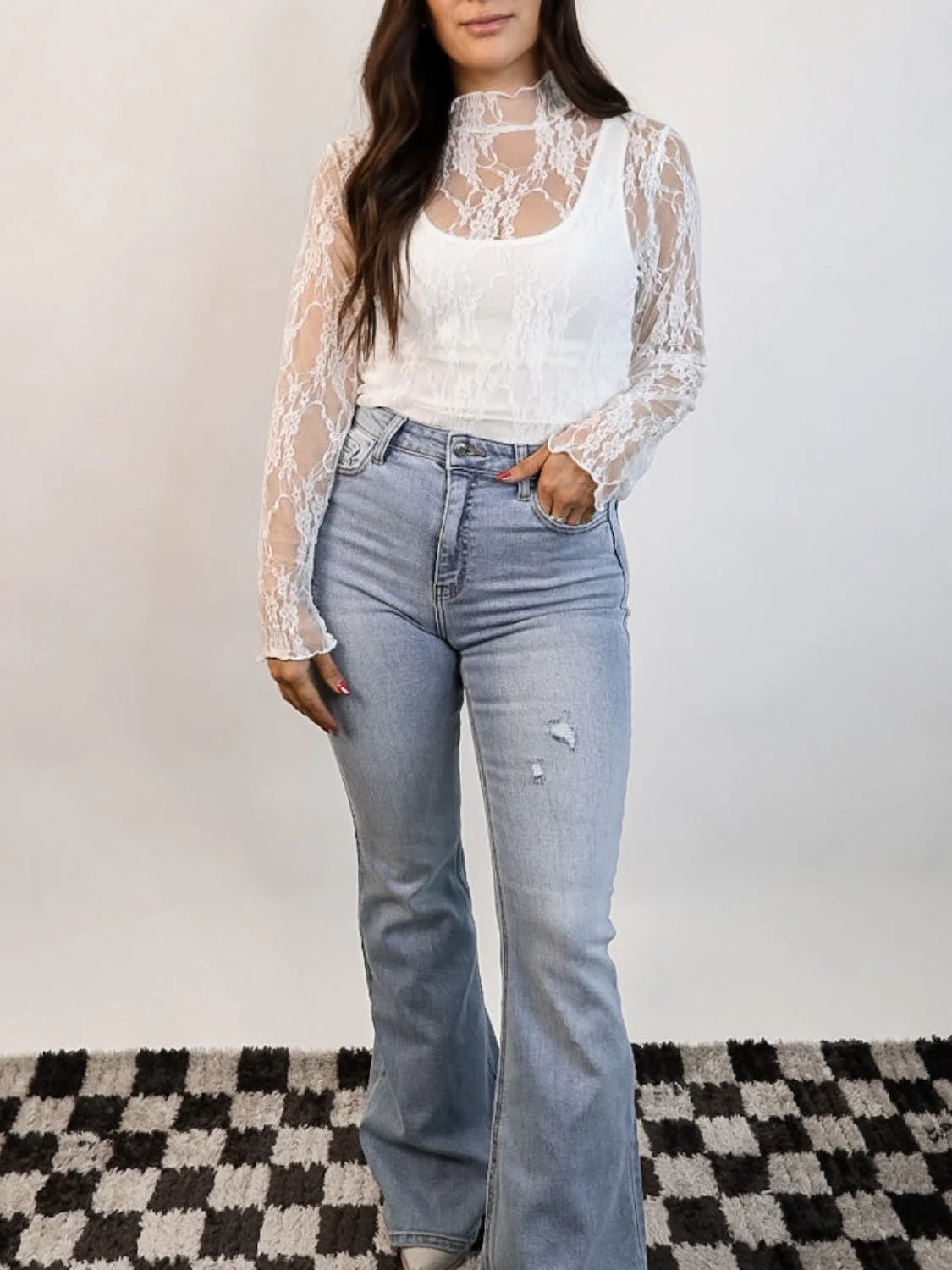 Lace Mock Neck Long Sleeve Top - Image 3