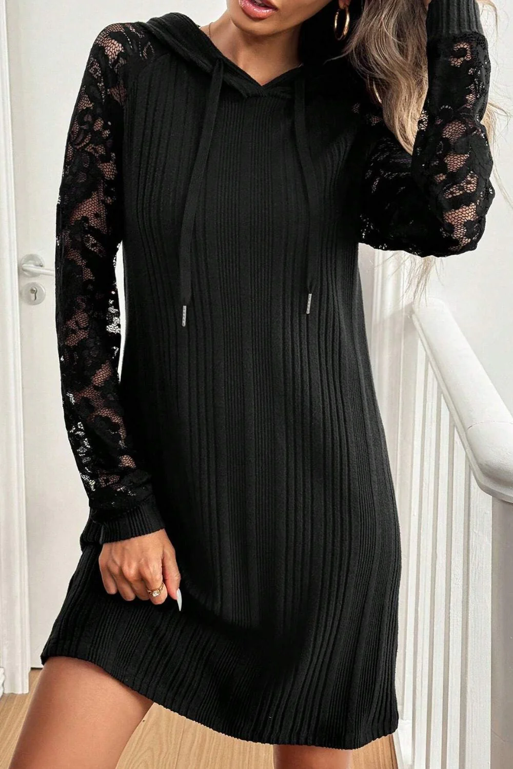 Lace Patchwork Long Sleeve Hooded Dress - Image 2
