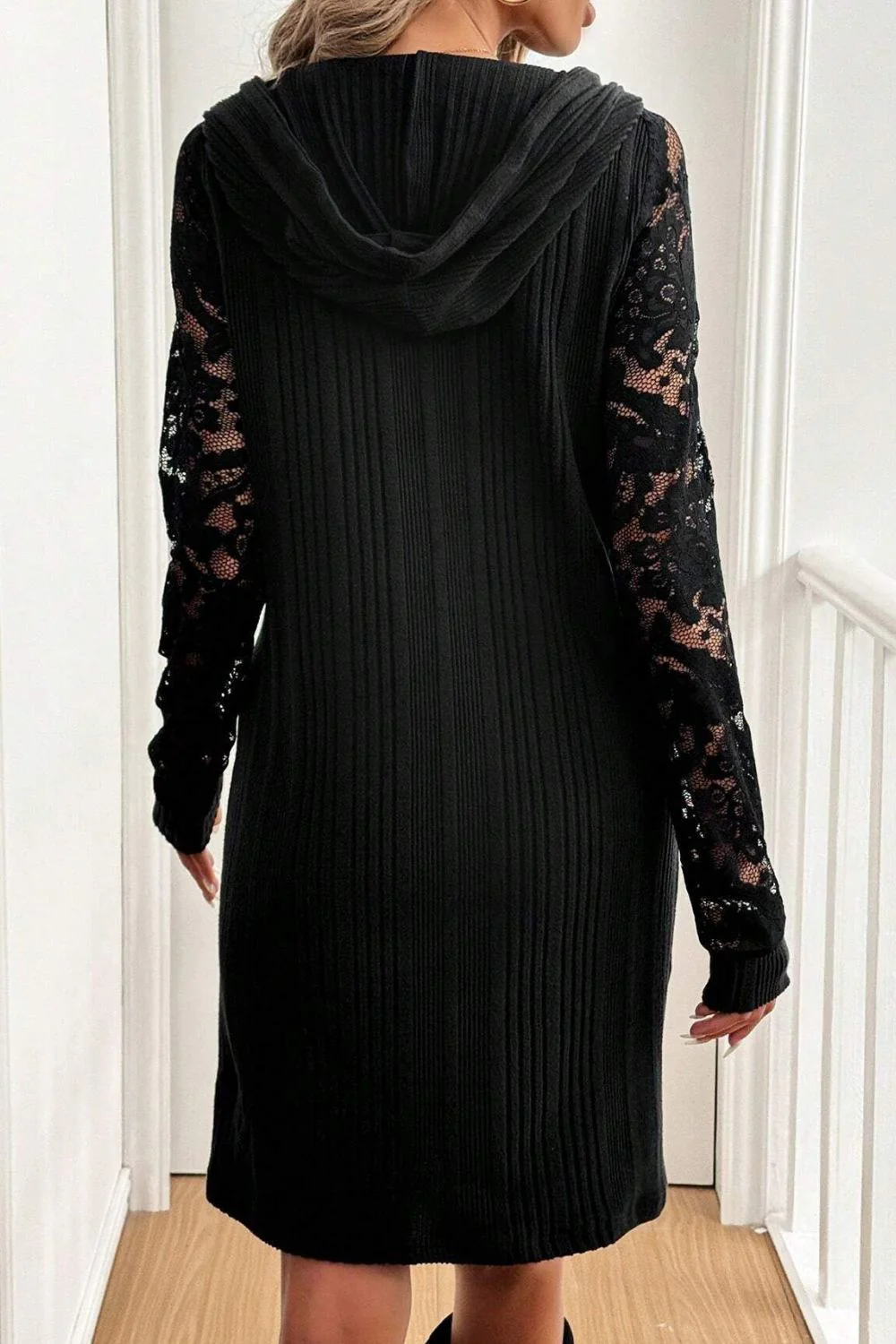 Lace Patchwork Long Sleeve Hooded Dress - Image 3