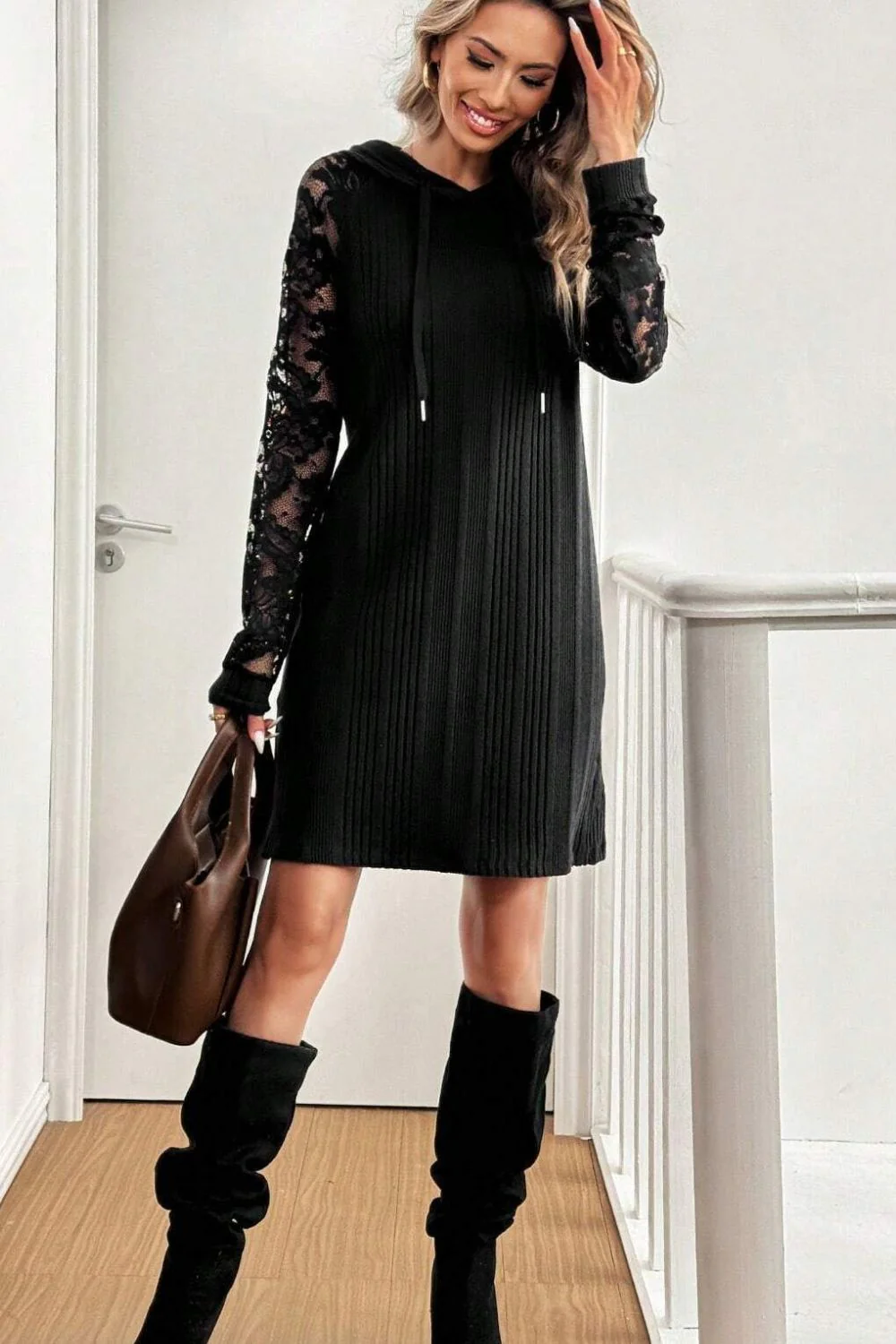 Lace Patchwork Long Sleeve Hooded Dress - Image 4