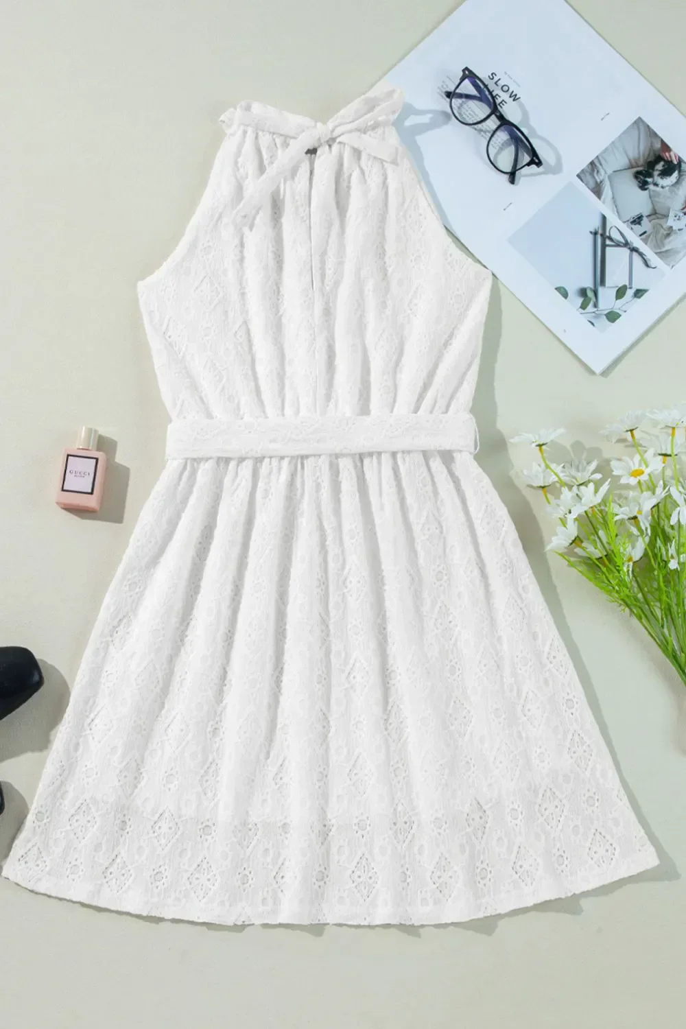 Lace Sleeveless Tied Waist Mini Dress - Image 10