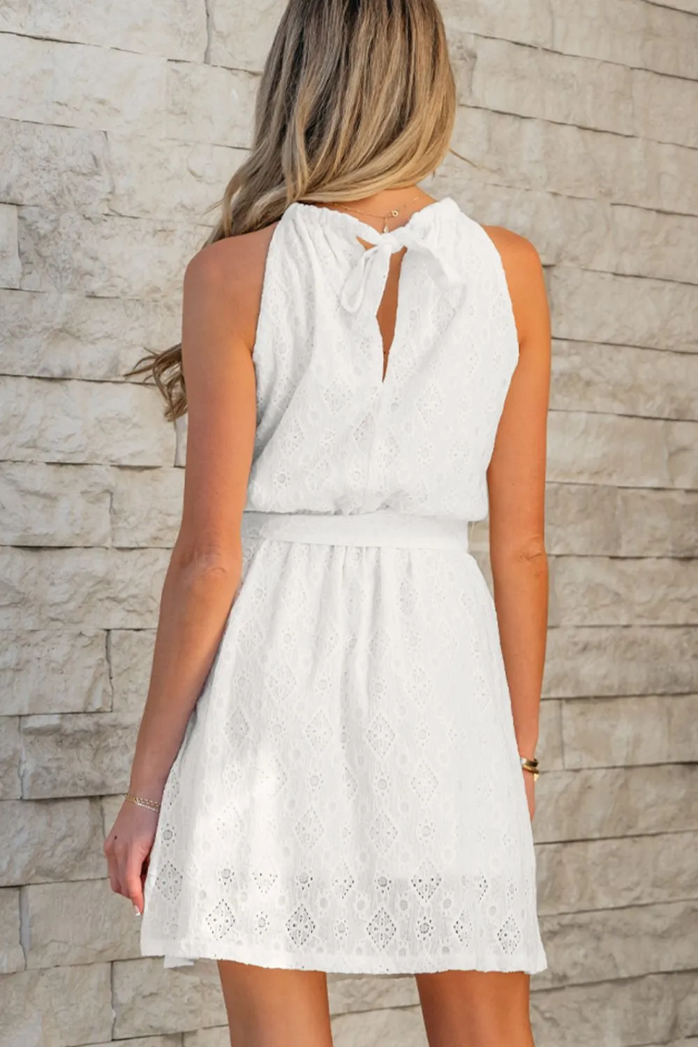 Lace Sleeveless Tied Waist Mini Dress - Image 3