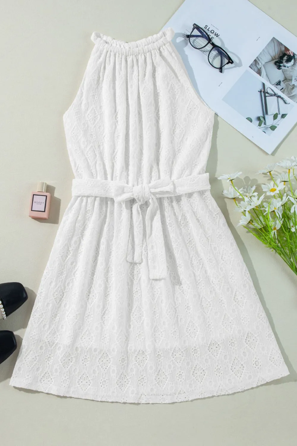 Lace Sleeveless Tied Waist Mini Dress - Image 9