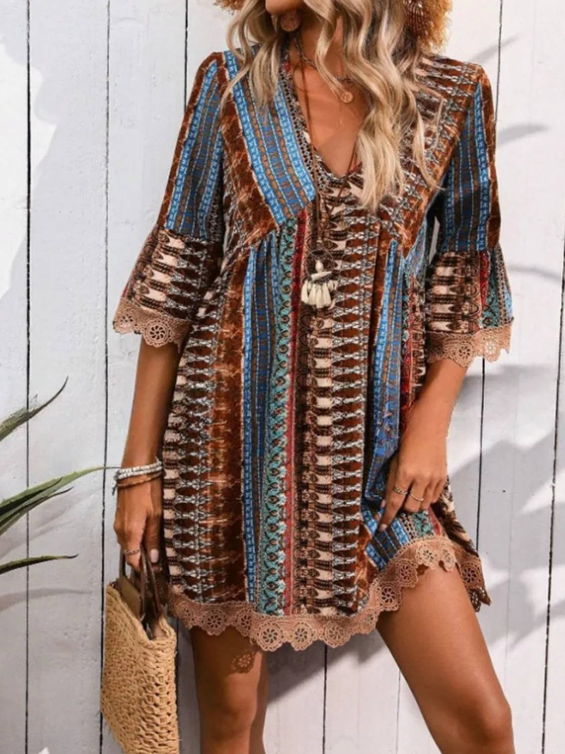 Lace Trim Printed V-Neck 3/4 Sleeve Dress - Image 10