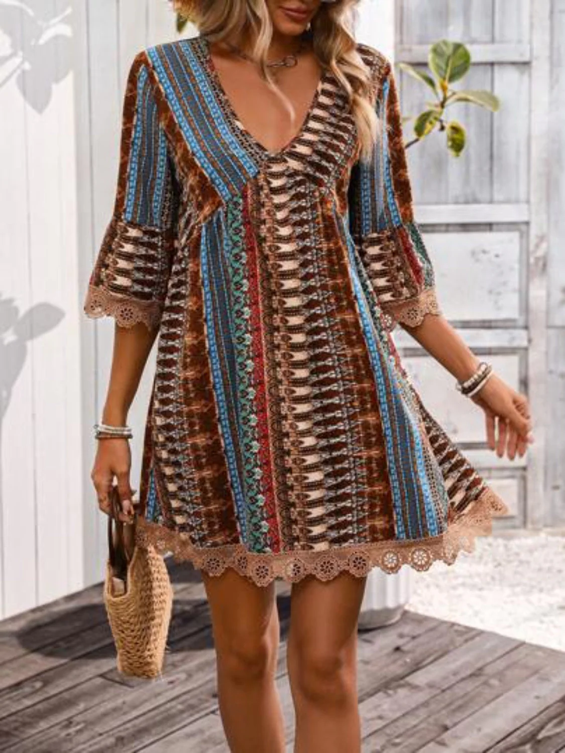 Lace Trim Printed V-Neck 3/4 Sleeve Dress - Image 12