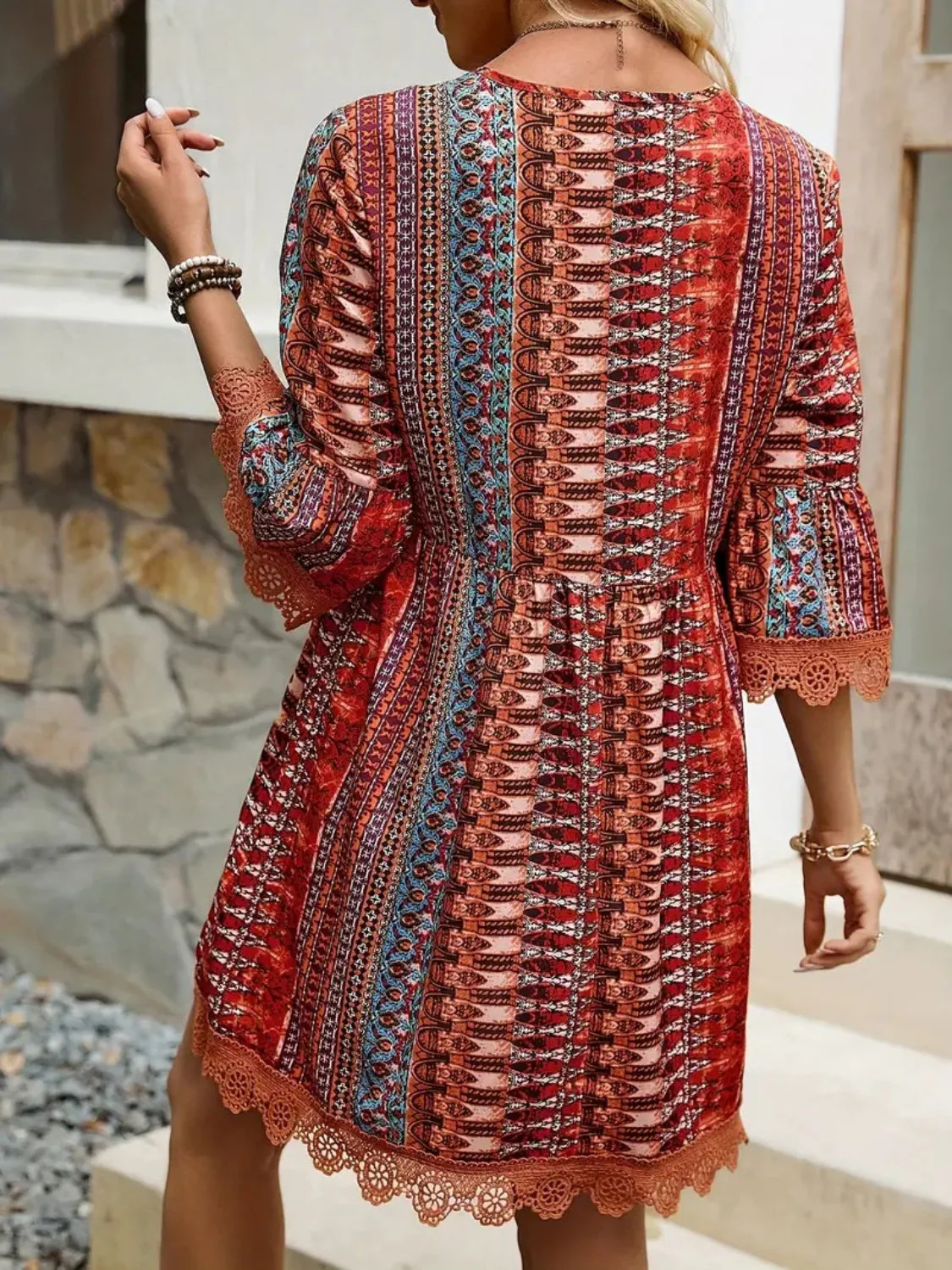 Lace Trim Printed V-Neck 3/4 Sleeve Dress - Image 4