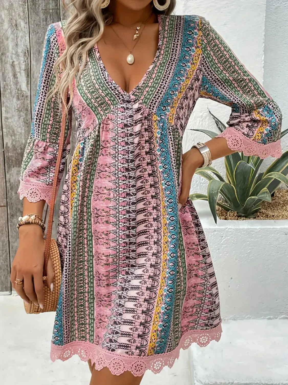 Lace Trim Printed V-Neck 3/4 Sleeve Dress - Image 6