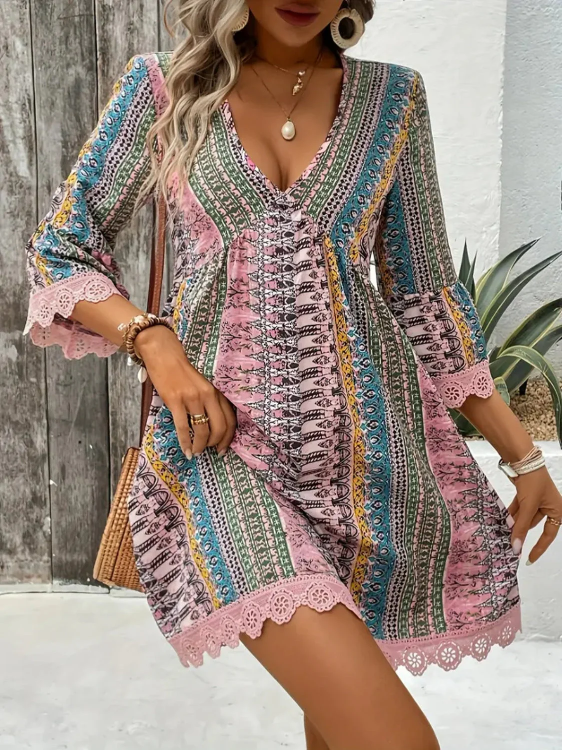 Lace Trim Printed V-Neck 3/4 Sleeve Dress - Image 7