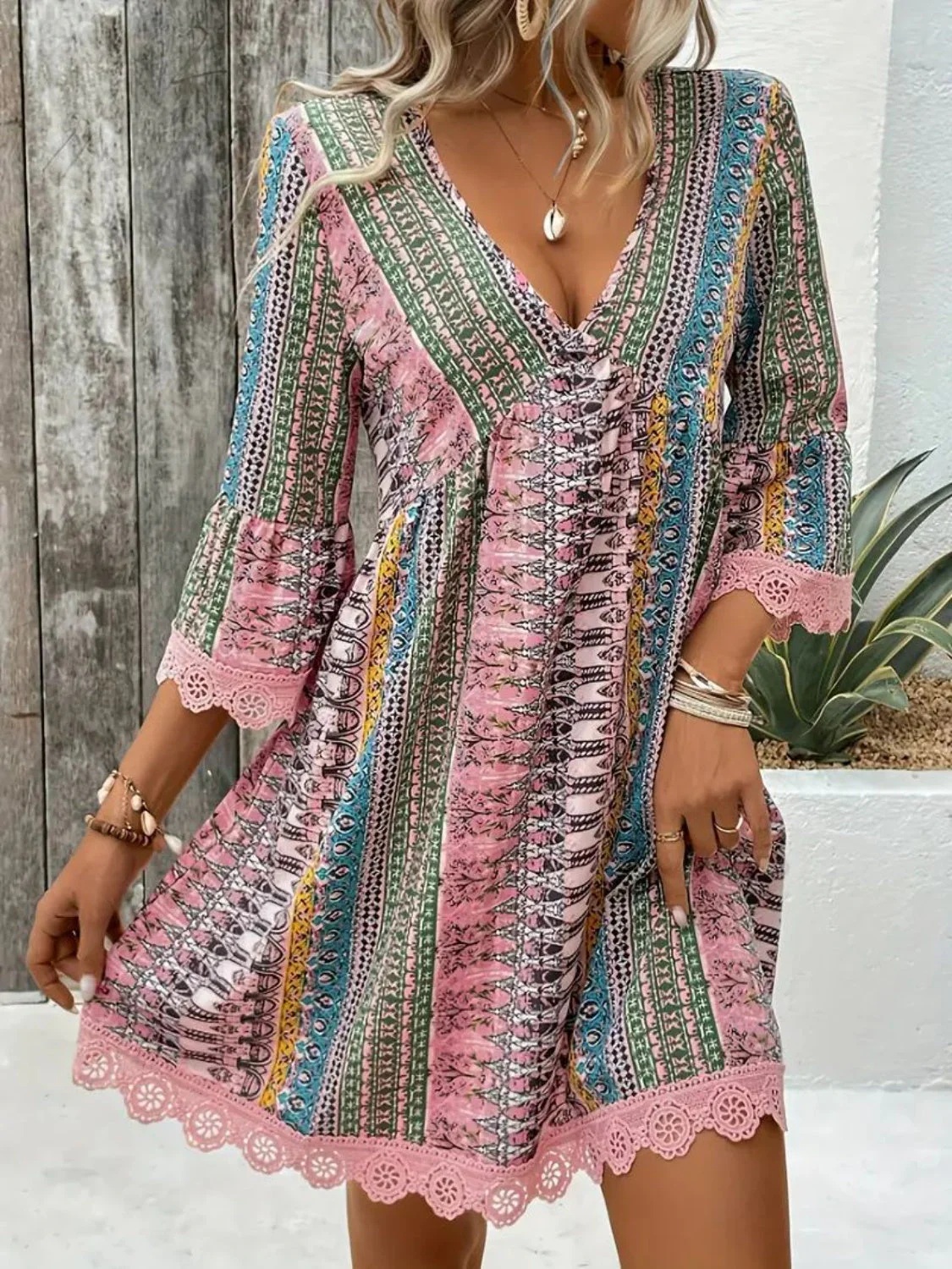 Lace Trim Printed V-Neck 3/4 Sleeve Dress - Image 8