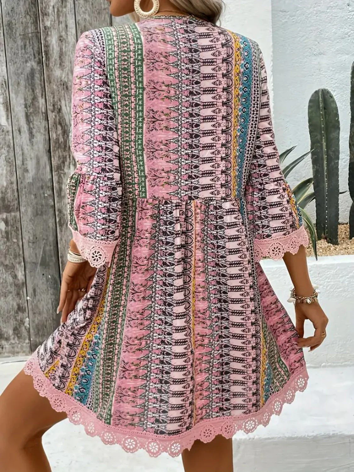 Lace Trim Printed V-Neck 3/4 Sleeve Dress - Image 9