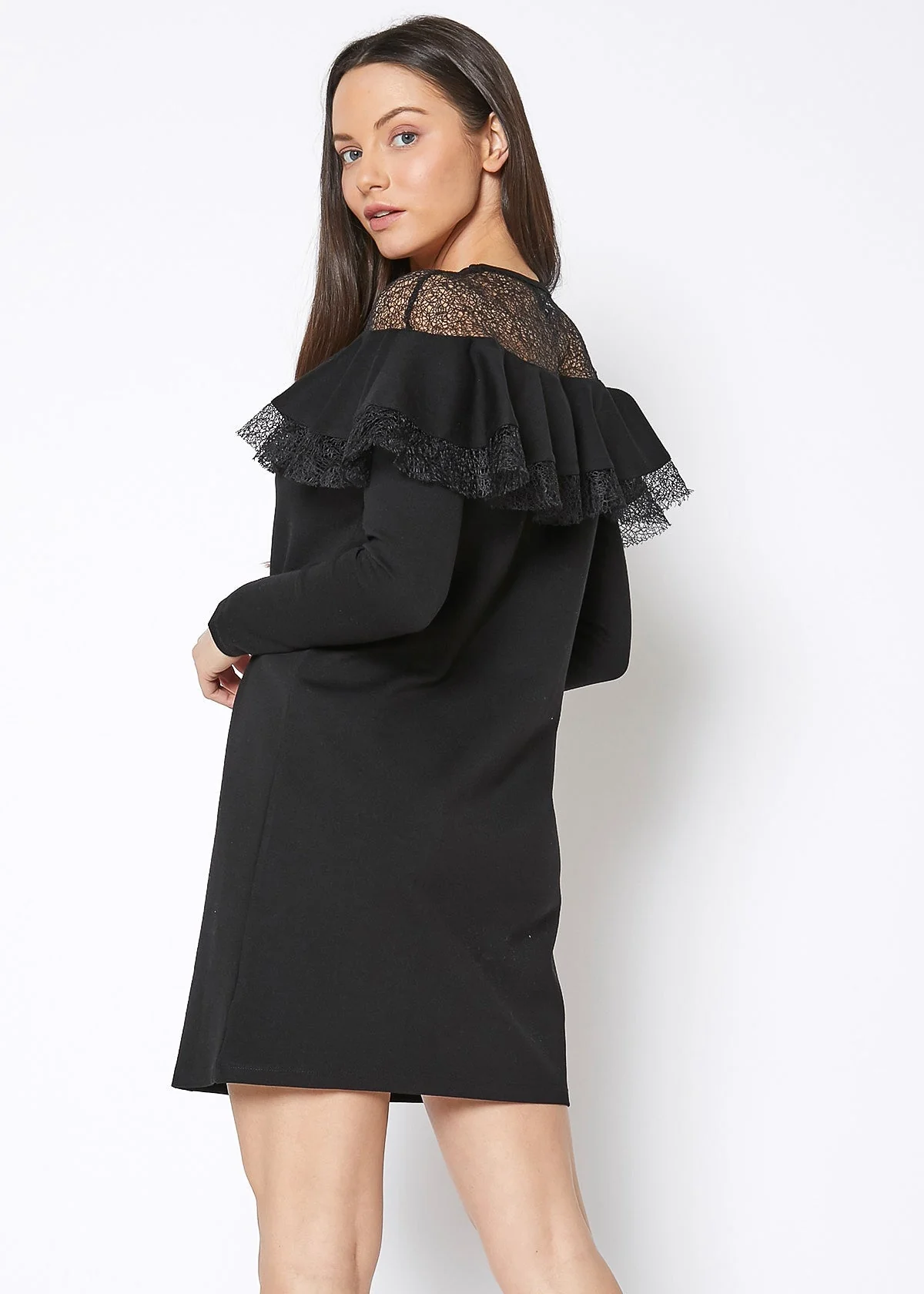 Lace Trim Sweatshirt Dress In Black by Shop at Konus - Image 3