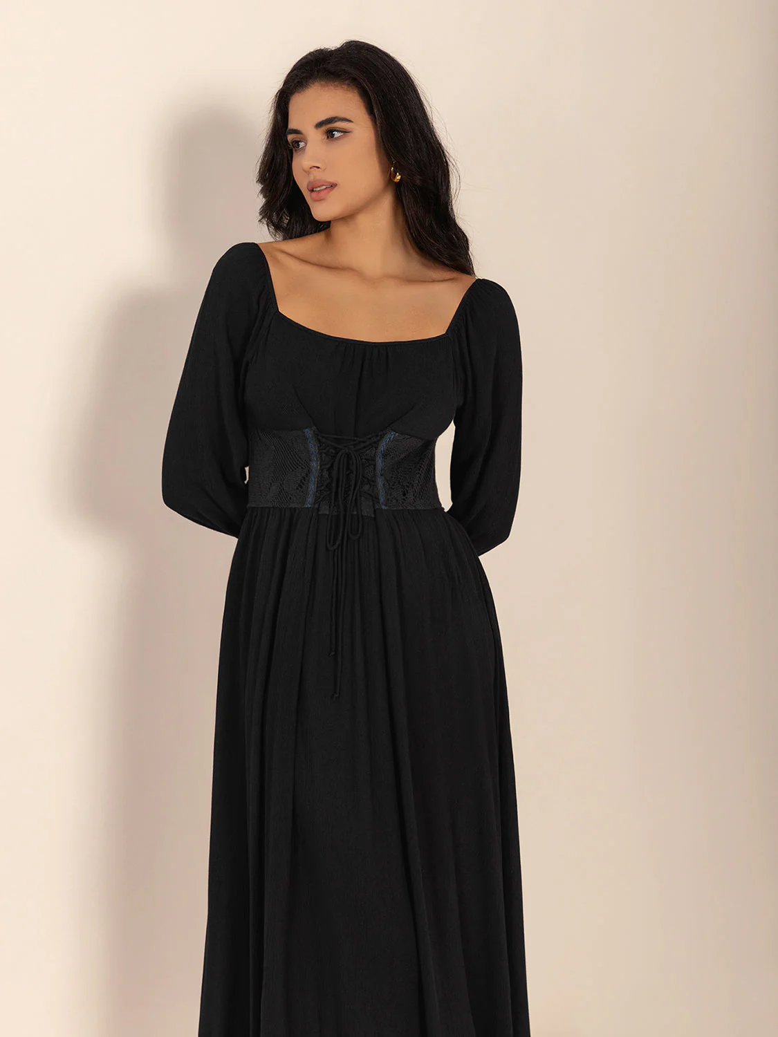 Lace-Up Square Neck Long Sleeve Midi Dress - Image 2