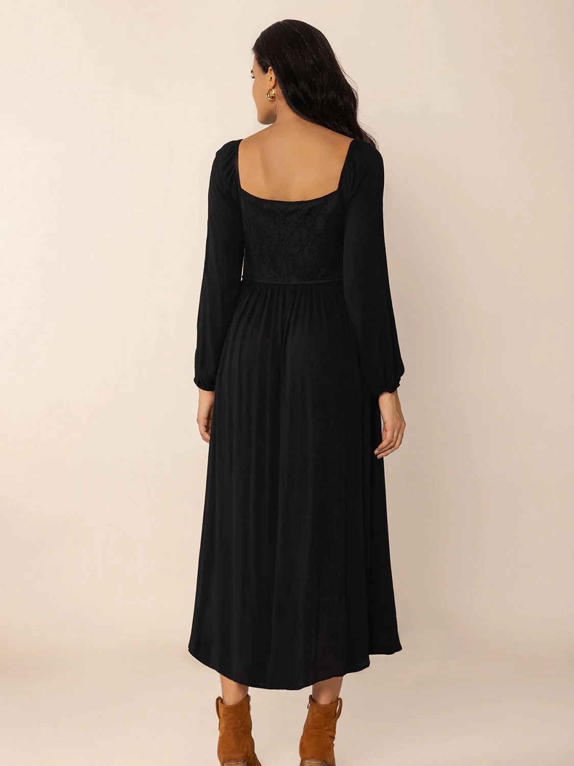 Lace-Up Square Neck Long Sleeve Midi Dress - Image 3