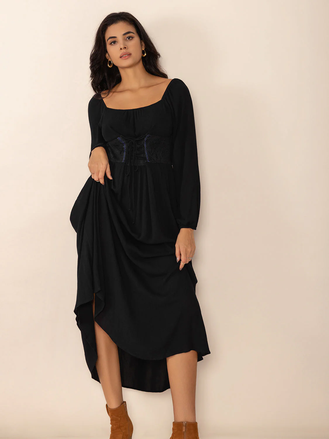 Lace-Up Square Neck Long Sleeve Midi Dress - Image 4