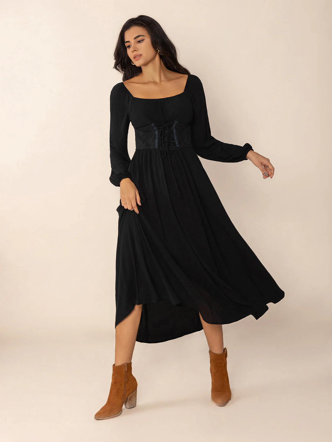 Lace-Up Square Neck Long Sleeve Midi Dress - Image 5