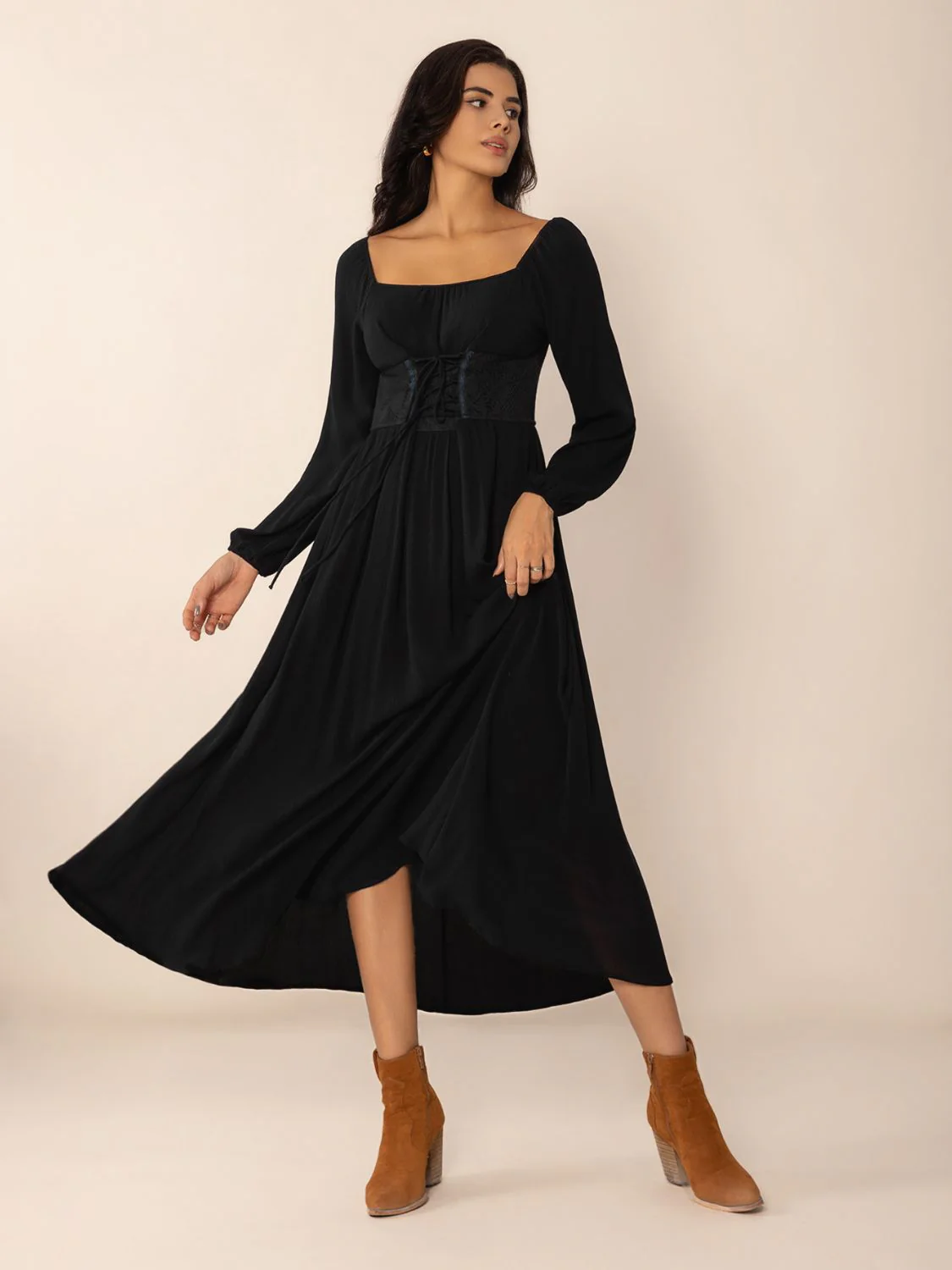Lace-Up Square Neck Long Sleeve Midi Dress - Image 6