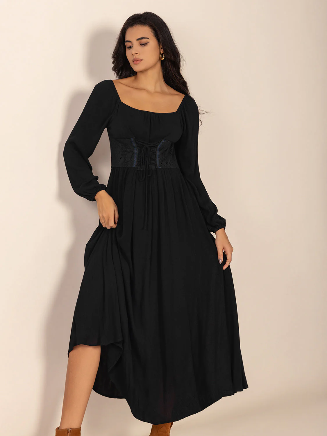 Lace-Up Square Neck Long Sleeve Midi Dress - Image 7