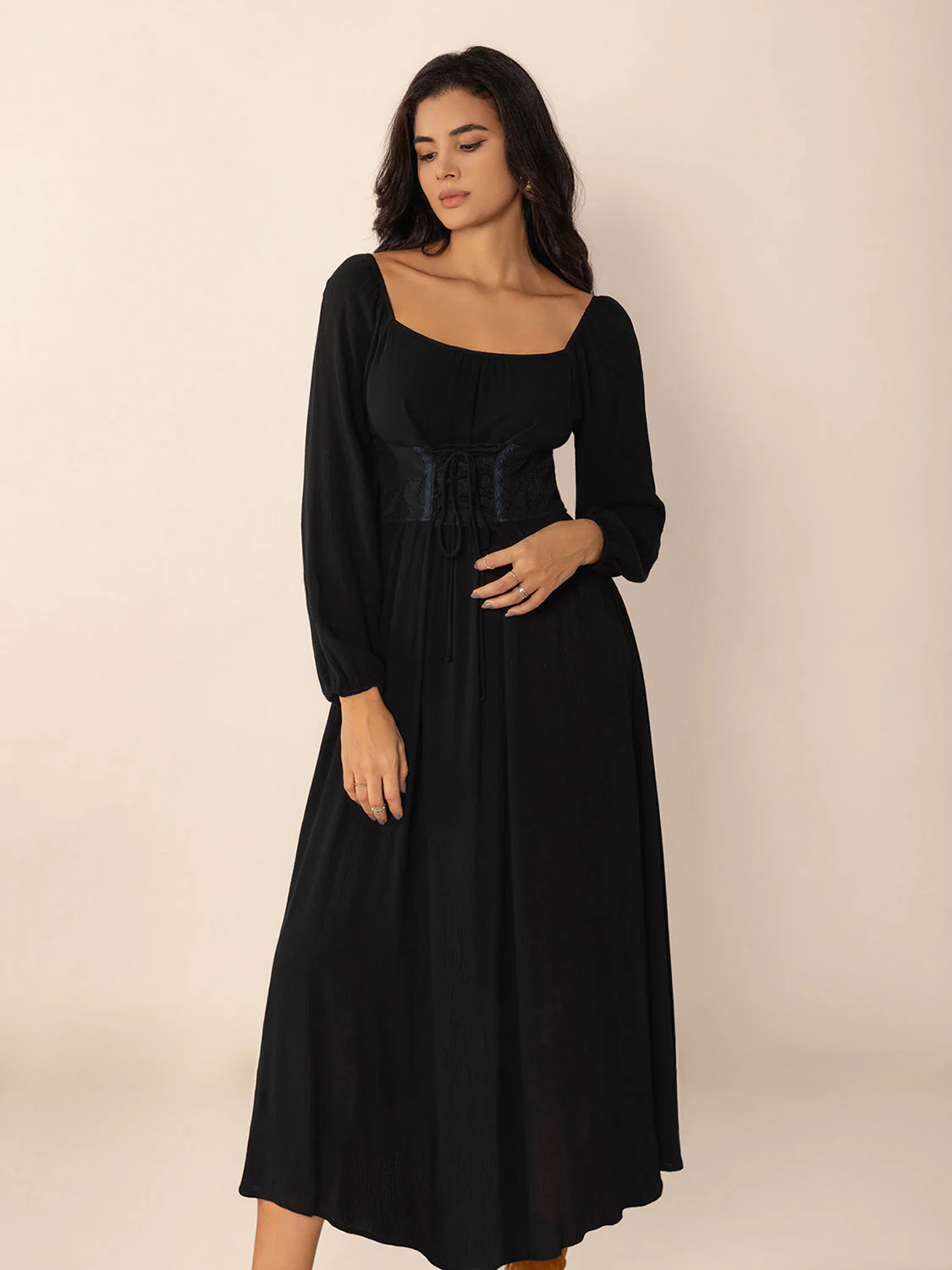 Lace-Up Square Neck Long Sleeve Midi Dress - Image 8