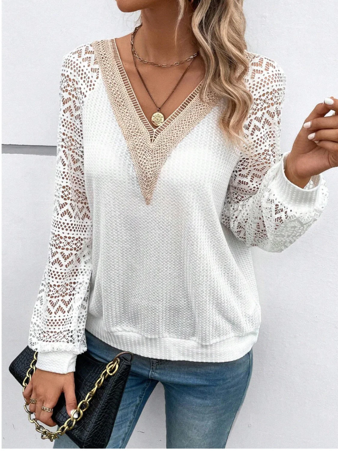 Lace V-Neck Raglan Sleeve Top - Image 4