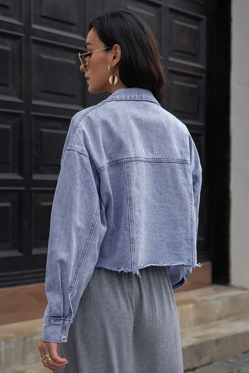 Lapel Collar Long Sleeve Denim Jacket - Image 2