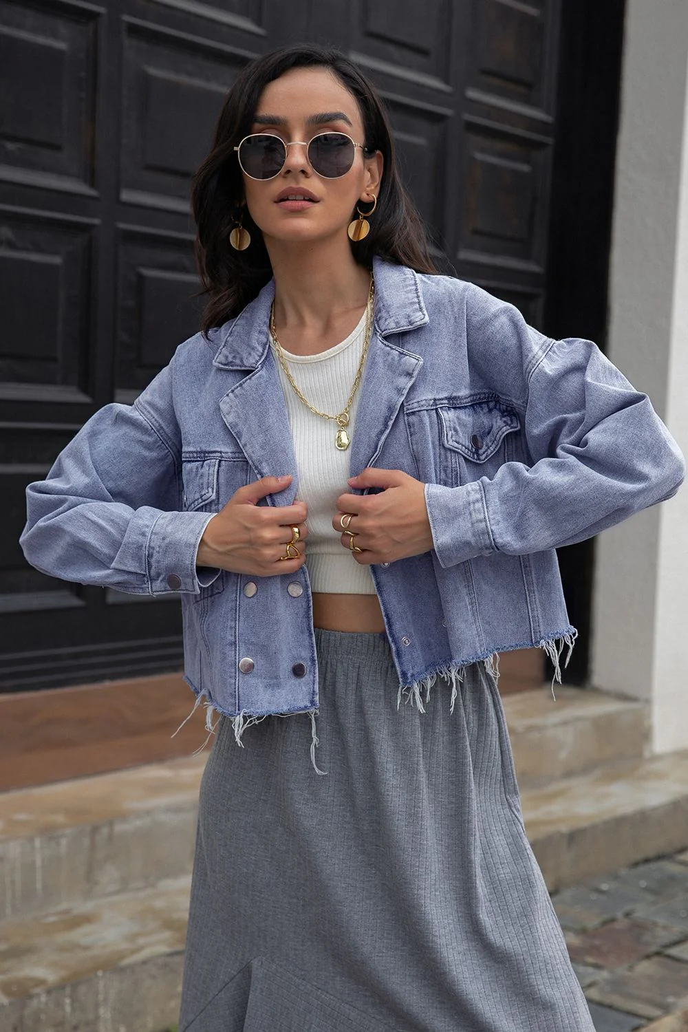 Lapel Collar Long Sleeve Denim Jacket - Image 3