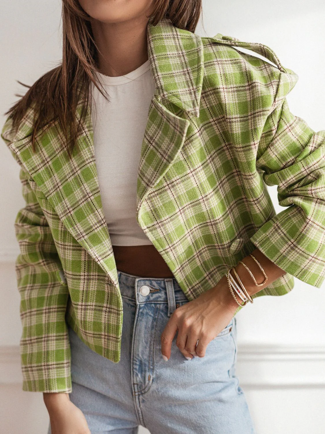 Lapel Collar Plaid Cropped Jacket - Image 4