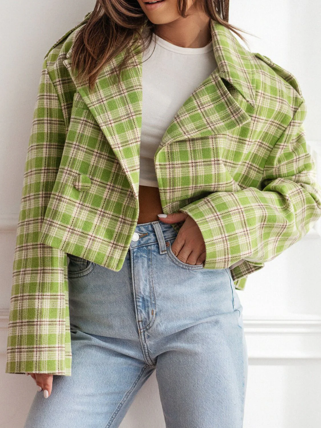 Lapel Collar Plaid Cropped Jacket - Image 5