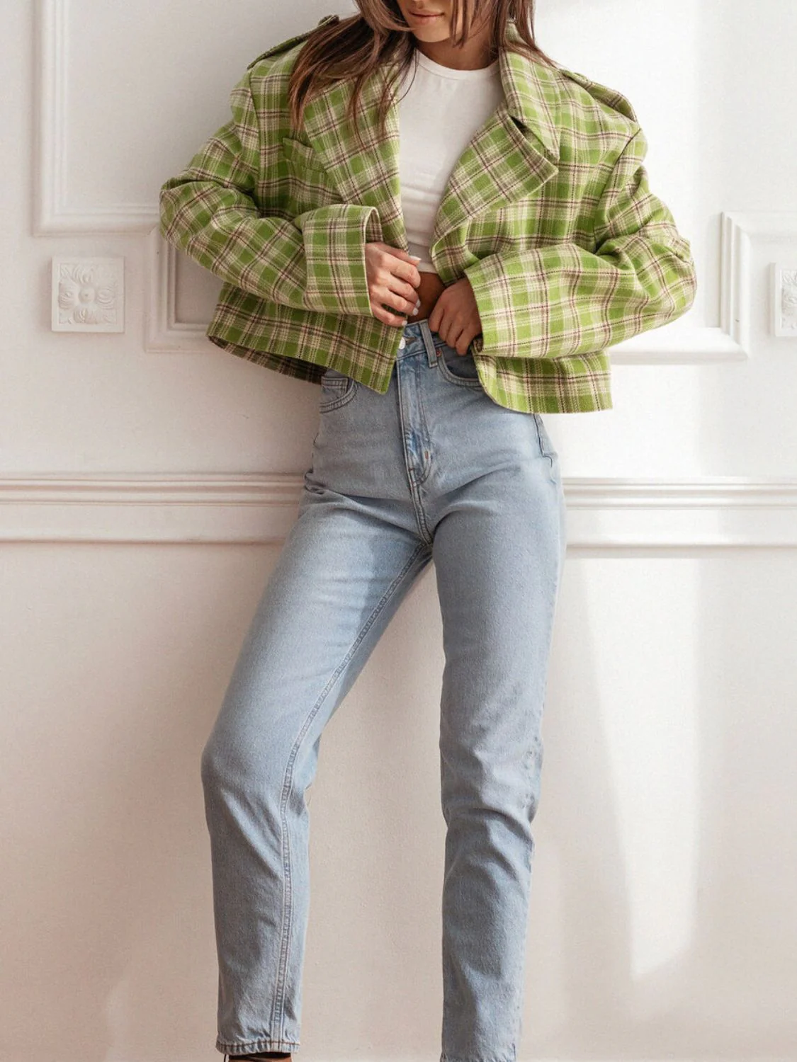 Lapel Collar Plaid Cropped Jacket - Image 6