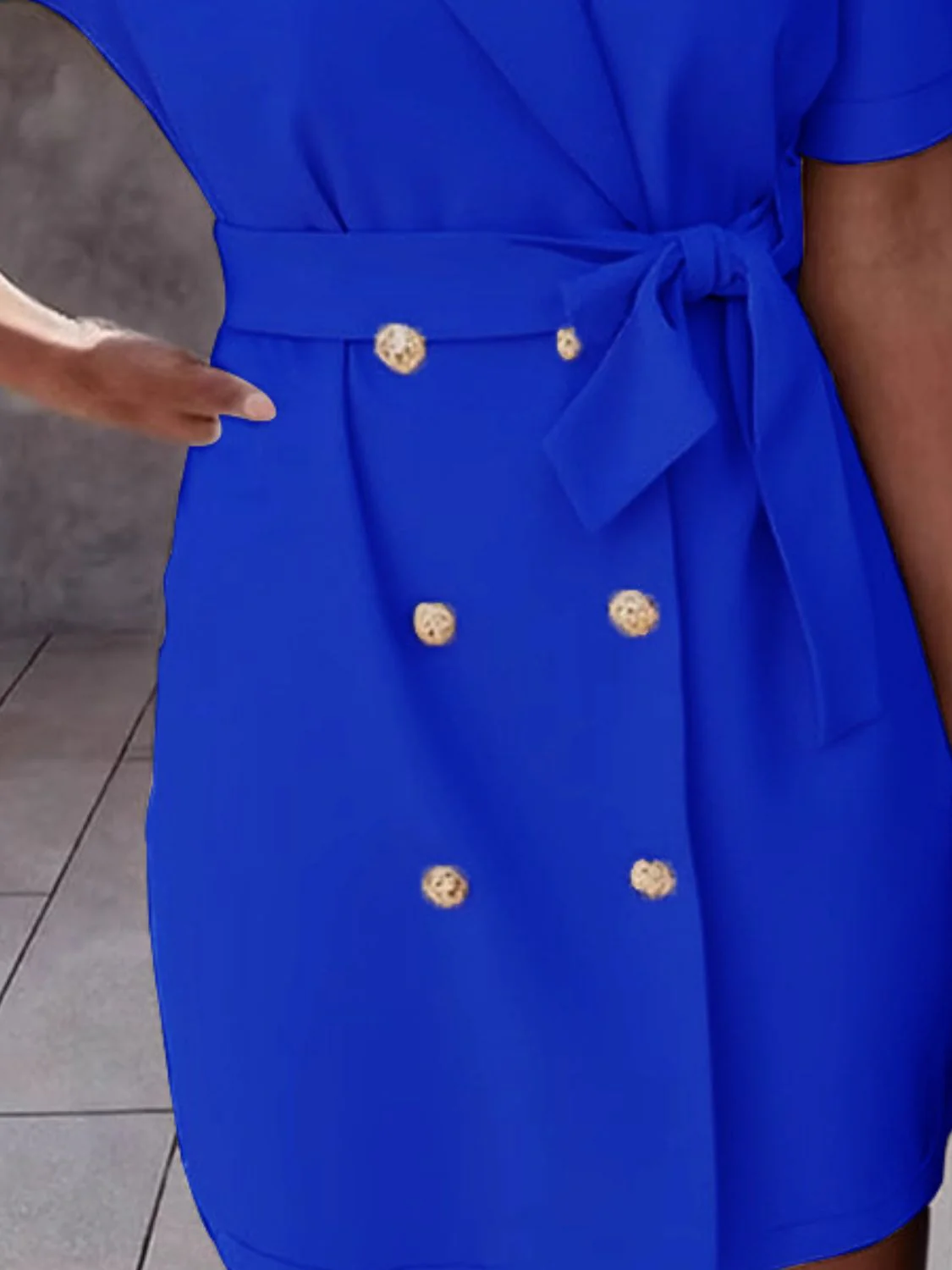 Lapel Collar Short Sleeve Tie Waist Mini Dress - Image 11