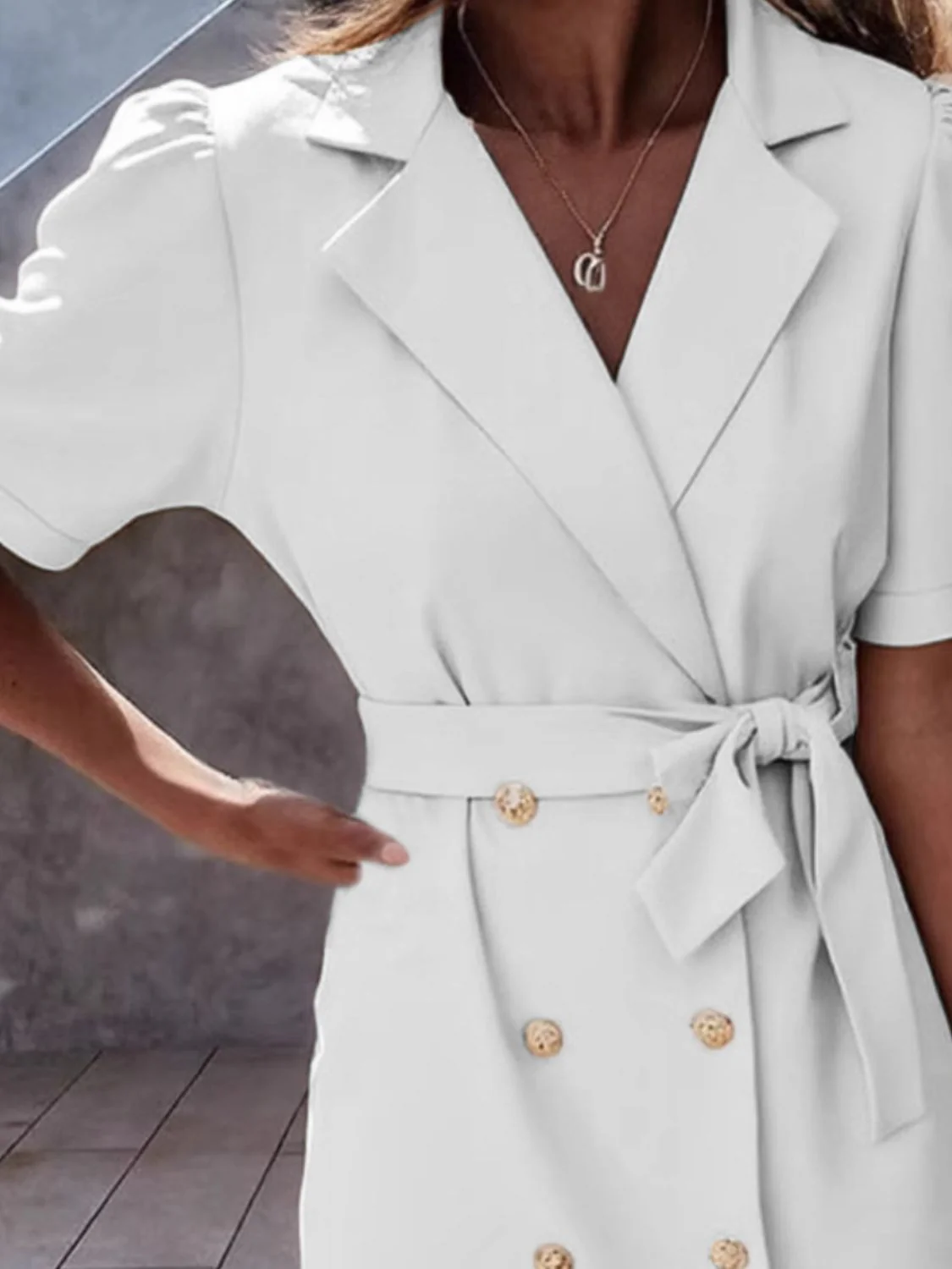 Lapel Collar Short Sleeve Tie Waist Mini Dress - Image 6