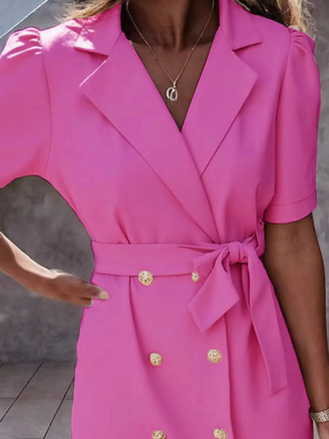 Lapel Collar Short Sleeve Tie Waist Mini Dress - Image 9