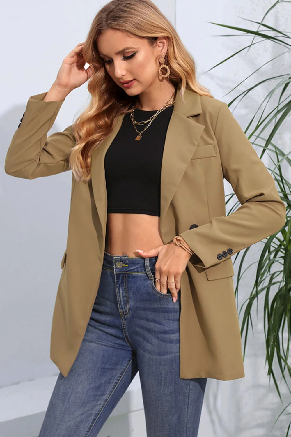 Lapel Neck Long Sleeve Blazer with Pockets - Image 3